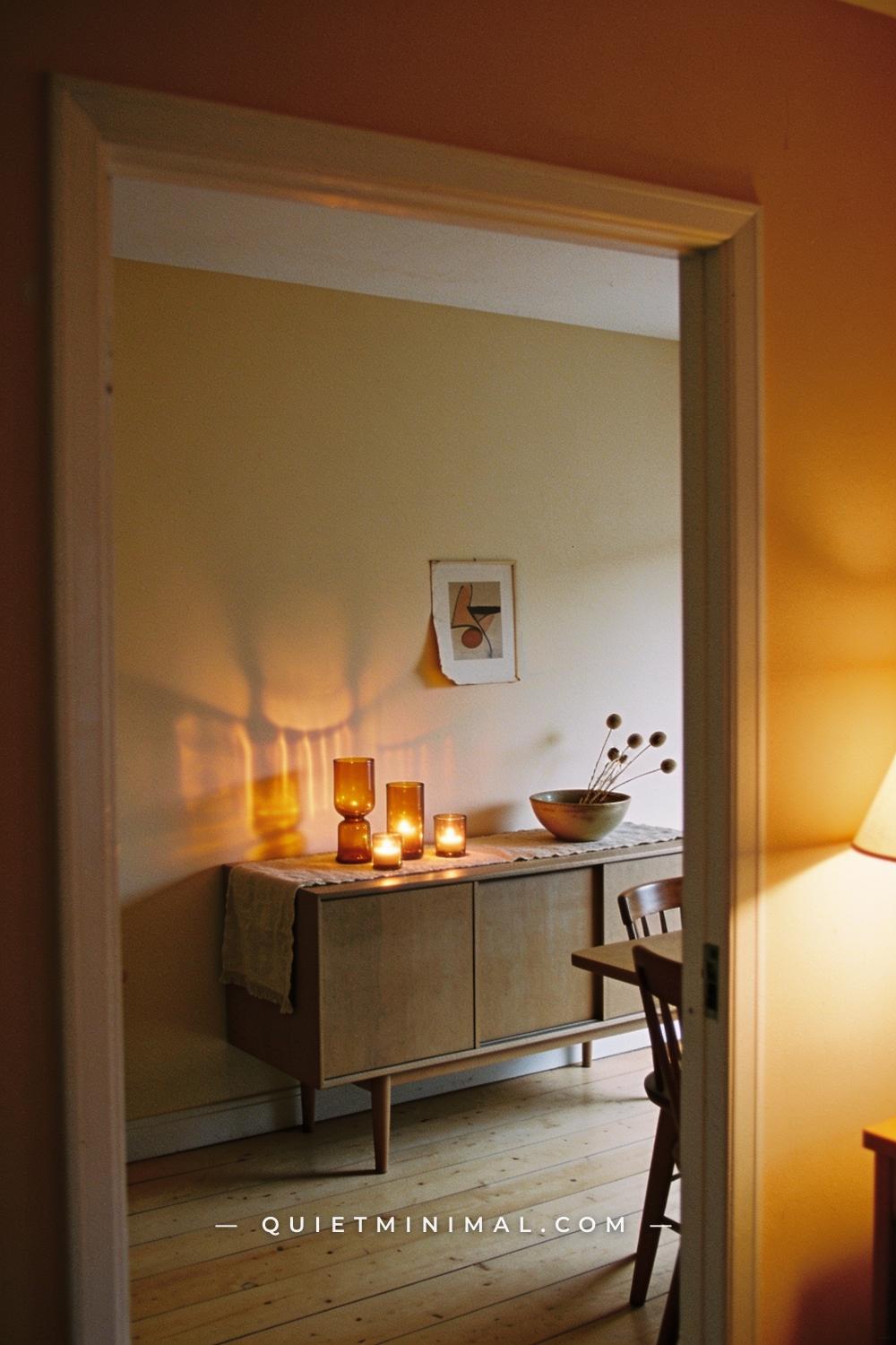 A doorway-view establishing shot looking into a dining room with a sideboard against the far wall — a small cluster of a