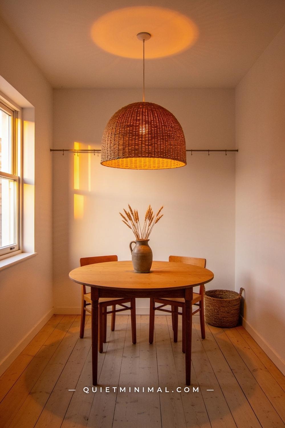 A corner establishing shot of a kitchen-dining area looking up and across the full room — a wide rattan pendant light ha
