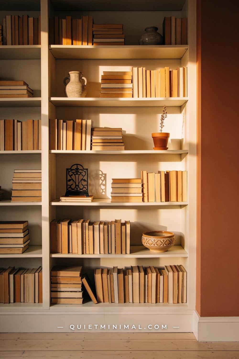 A straight-on establishing shot of a living room bookshelf wall — a large built-in bookshelf fills most of the frame