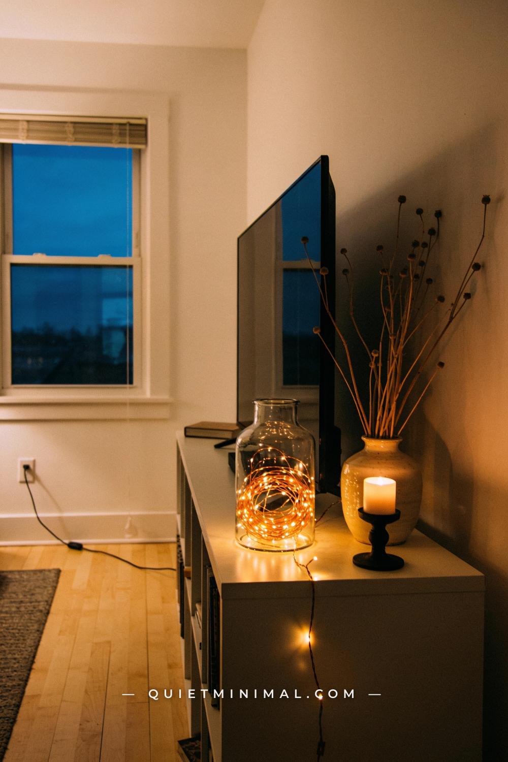 A wide establishing shot from across a small apartment living room