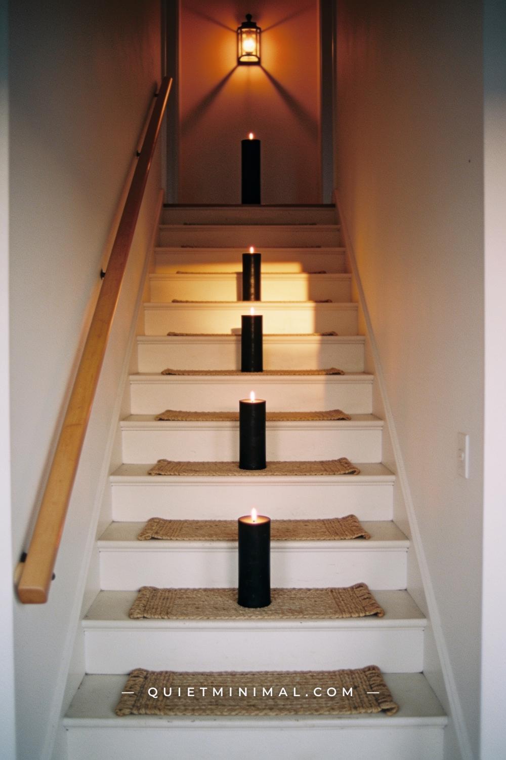 A wide establishing shot of a whole staircase hallway seen from the bottom landing