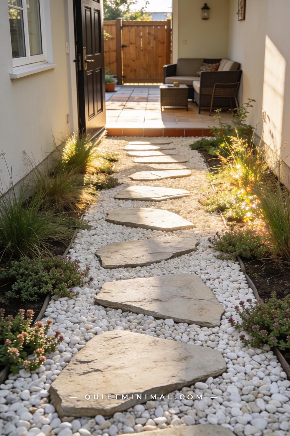 A wide establishing shot of a backyard garden path where irregular flagstone pavers are set into a bed of white pea grav
