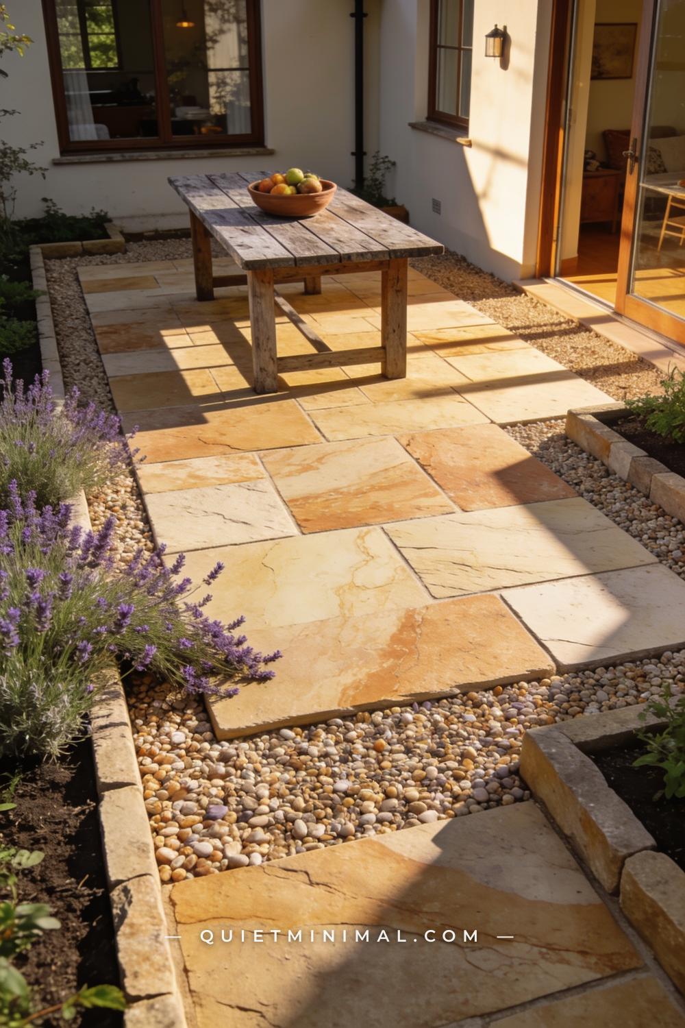 A wide vertical photograph of a backyard terrace with large dry-laid natural limestone pavers forming a central patio su