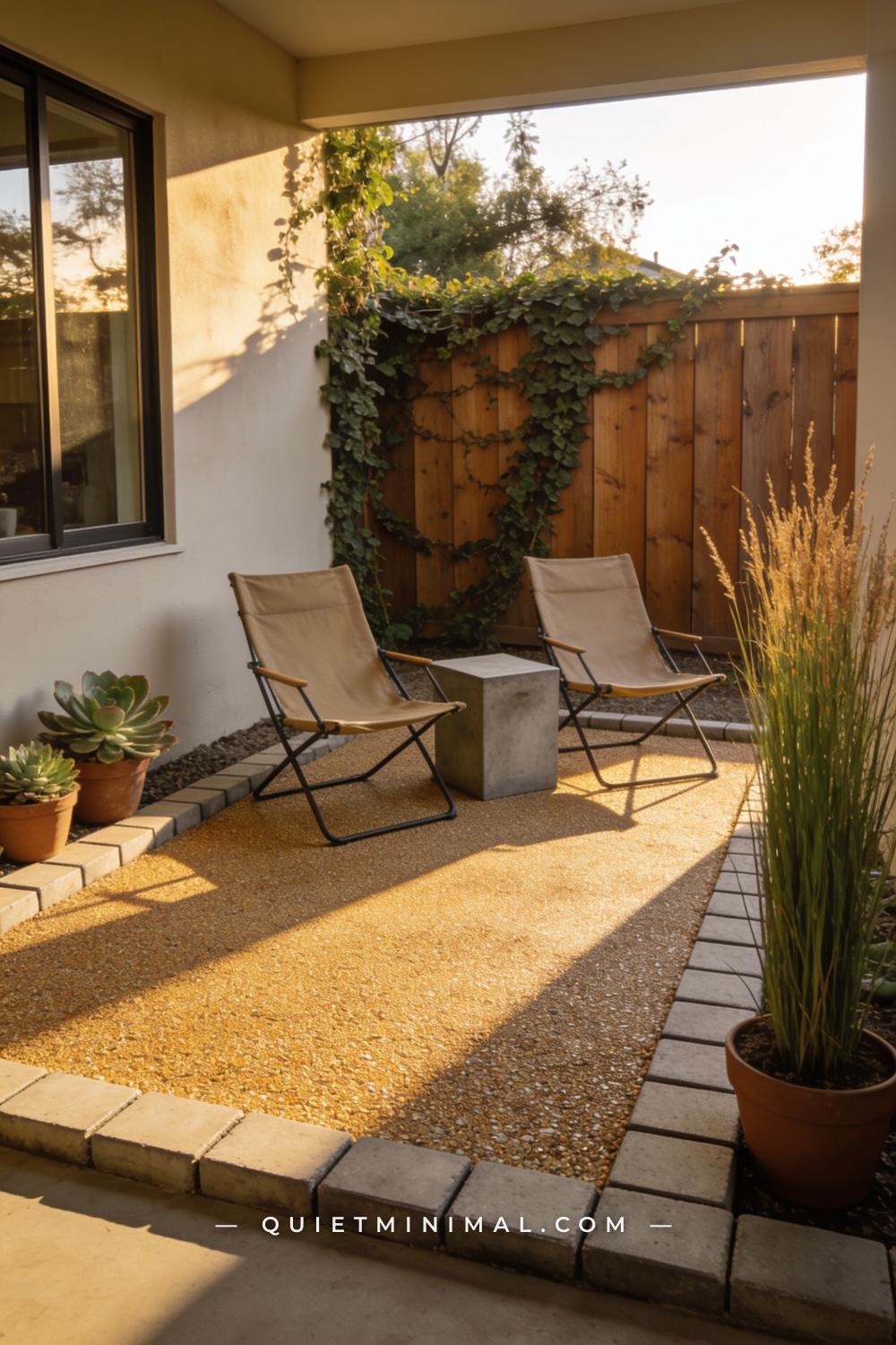A medium-wide vertical photograph of a backyard lounge area with a smooth decomposed granite surface enclosed by a low b