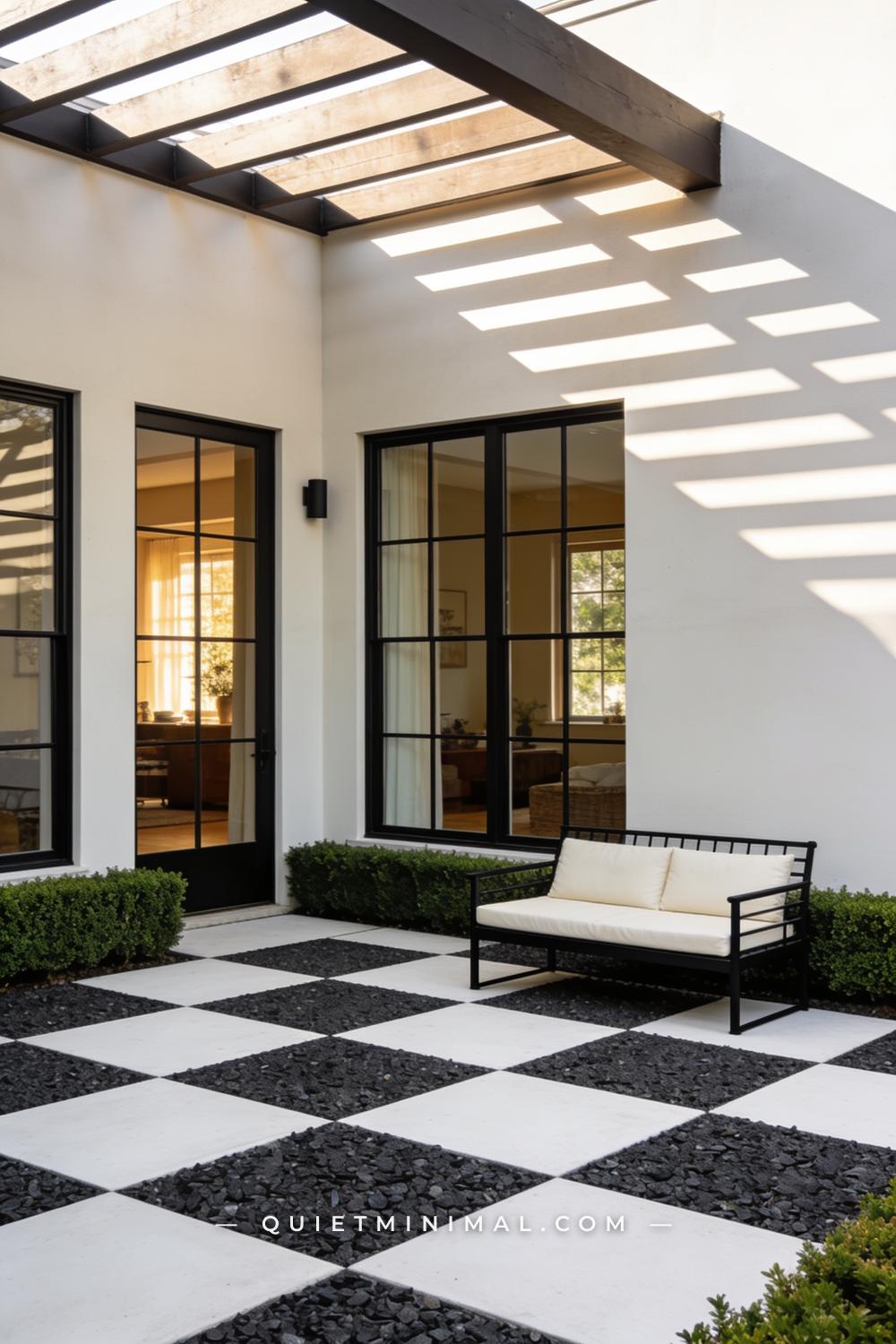 A wide vertical photograph of a contemporary patio with a bold checkerboard layout alternating large white concrete pave