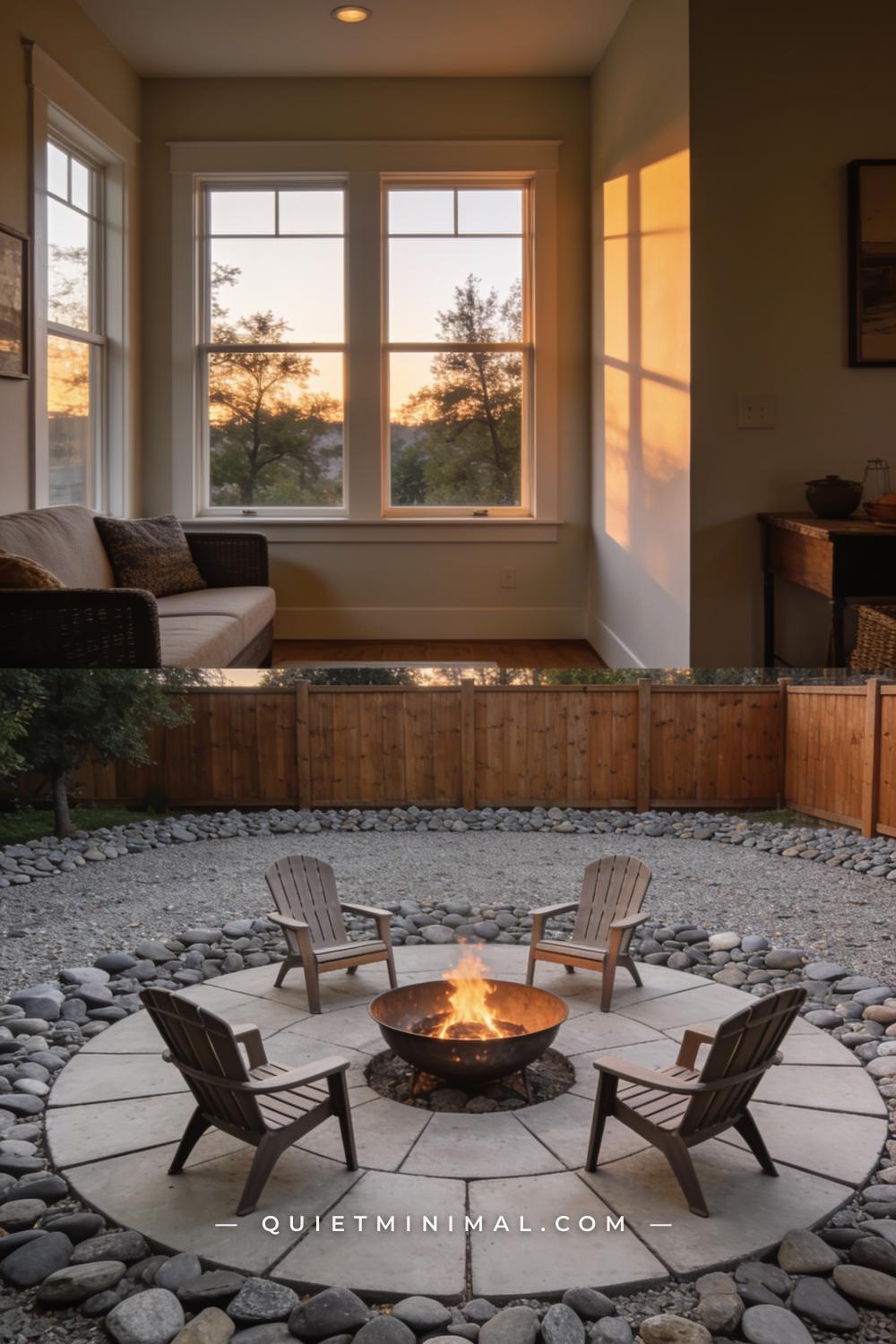 A wide-angle vertical photograph of a backyard fire pit area where a circle of large flat concrete pavers surrounds a ce