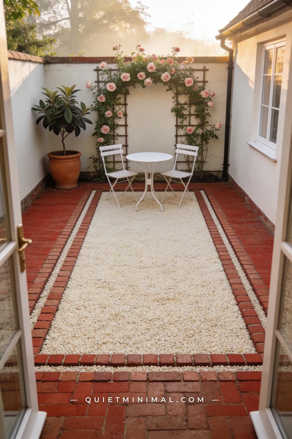A vertical photograph of a cottage-style backyard patio where a wide rectangular surface of cream pea gravel is enclosed