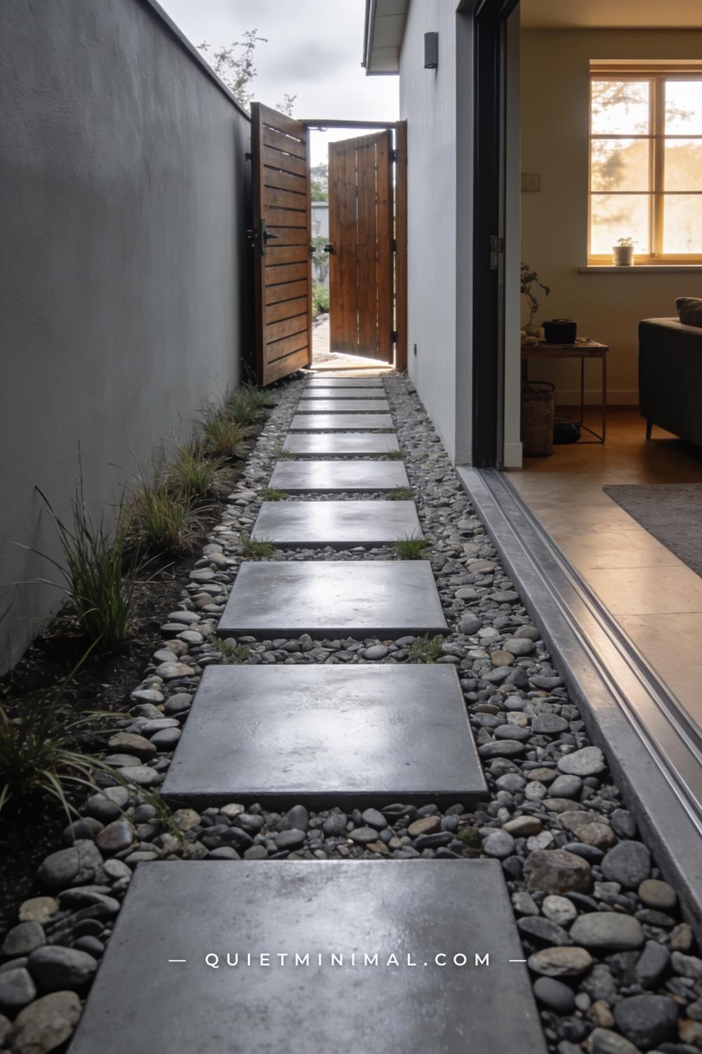 A vertical photograph of a contemporary side-yard garden path where parallel strips of smooth gray concrete pavers alter