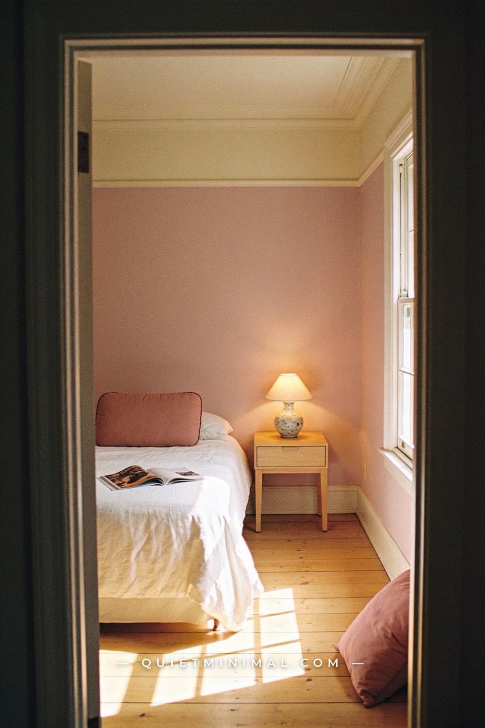 A wide establishing shot from the doorway looking straight into the full bedroom — the entire room in frame floor to cei