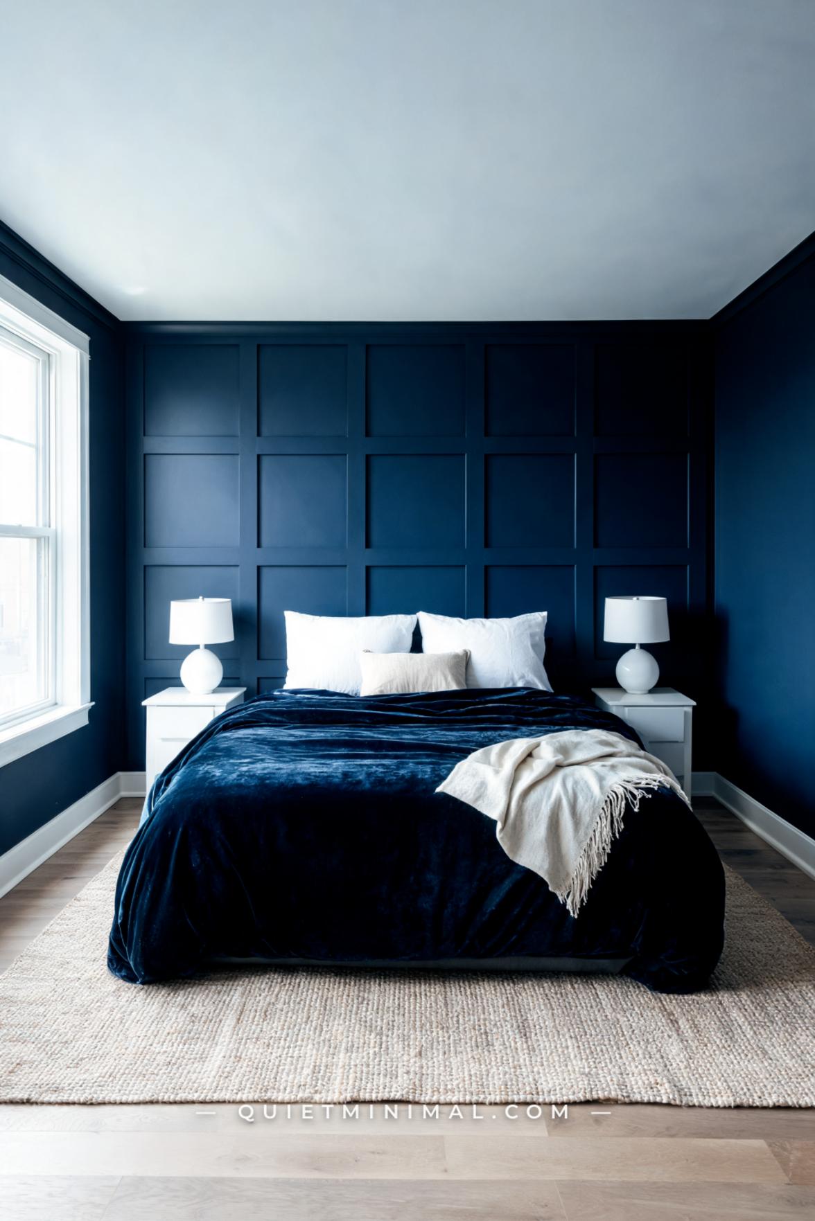 A vertical wide-angle photograph establishes a monochromatic navy bedroom with varied texture layers