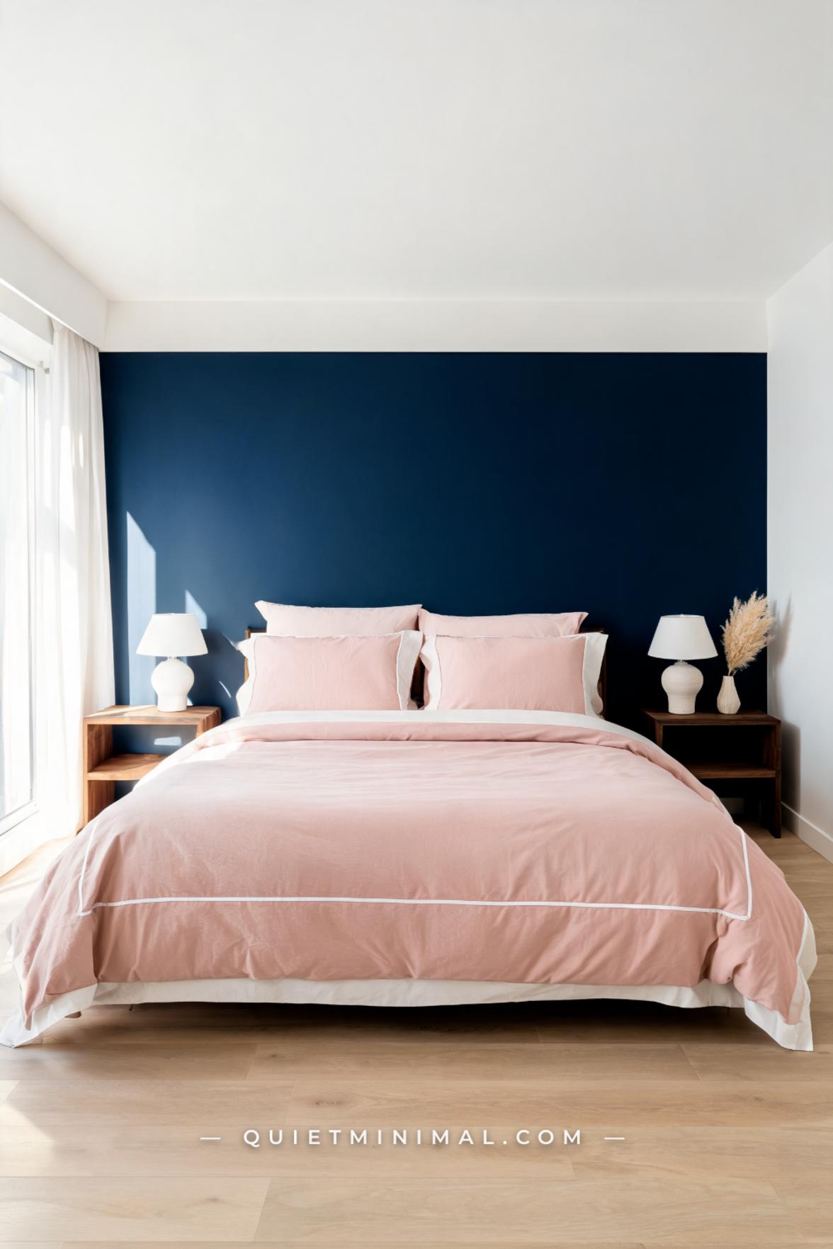 A vertical establishing shot shows a full bedroom scene where a navy accent wall behind the headboard meets blush-pink l