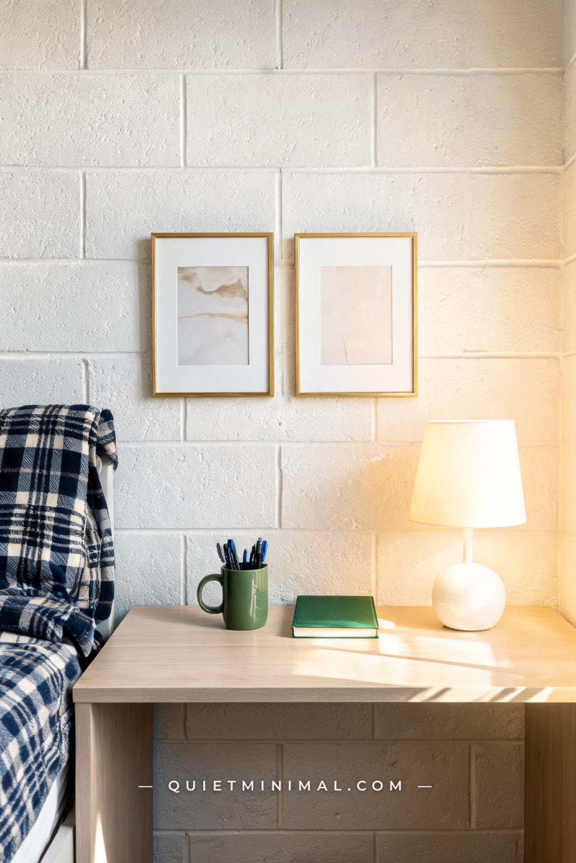 A medium-wide vertical photograph of a dorm room desk corner styled with a single accent of hunter green — a small ceram