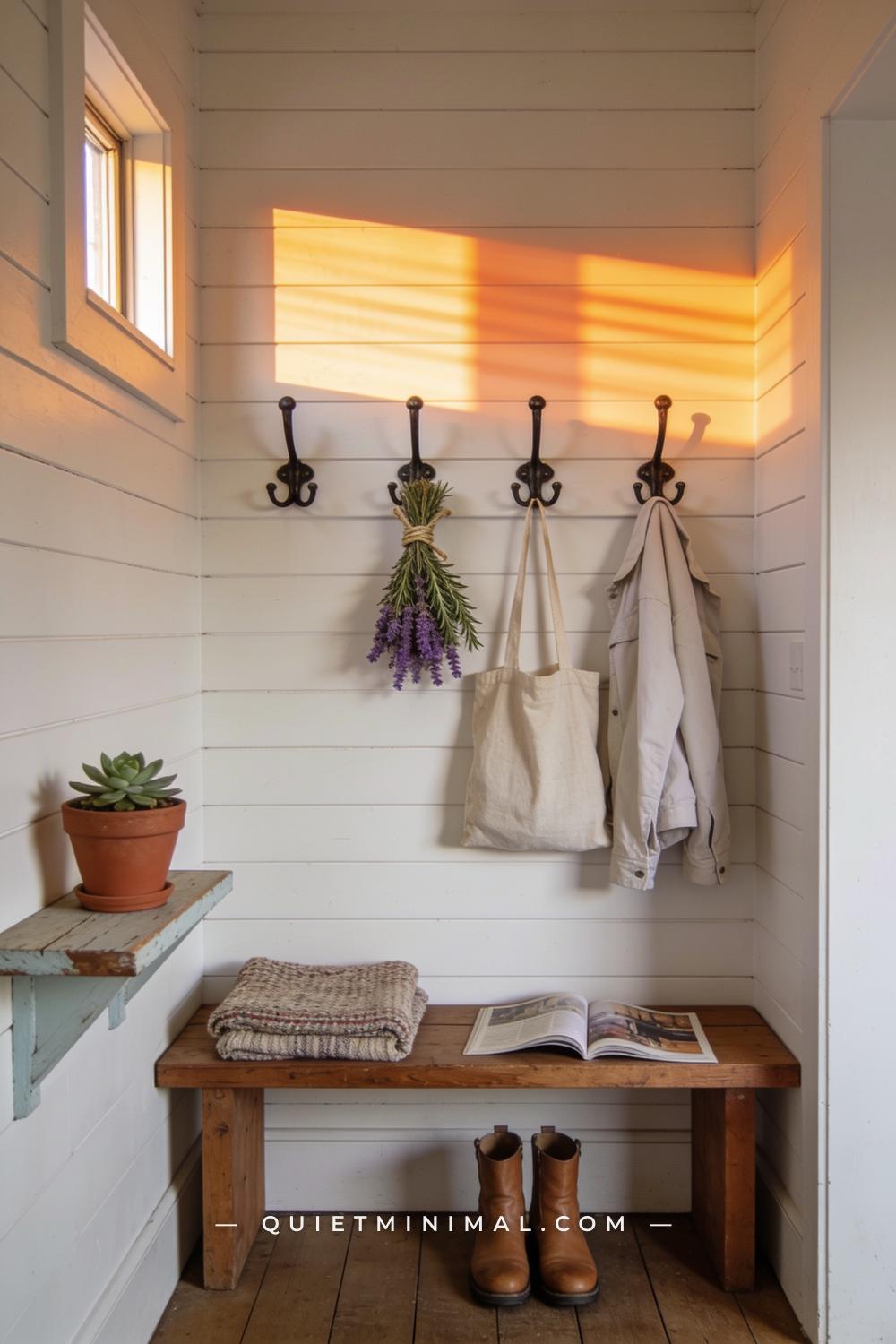 A wide establishing shot from across the mudroom