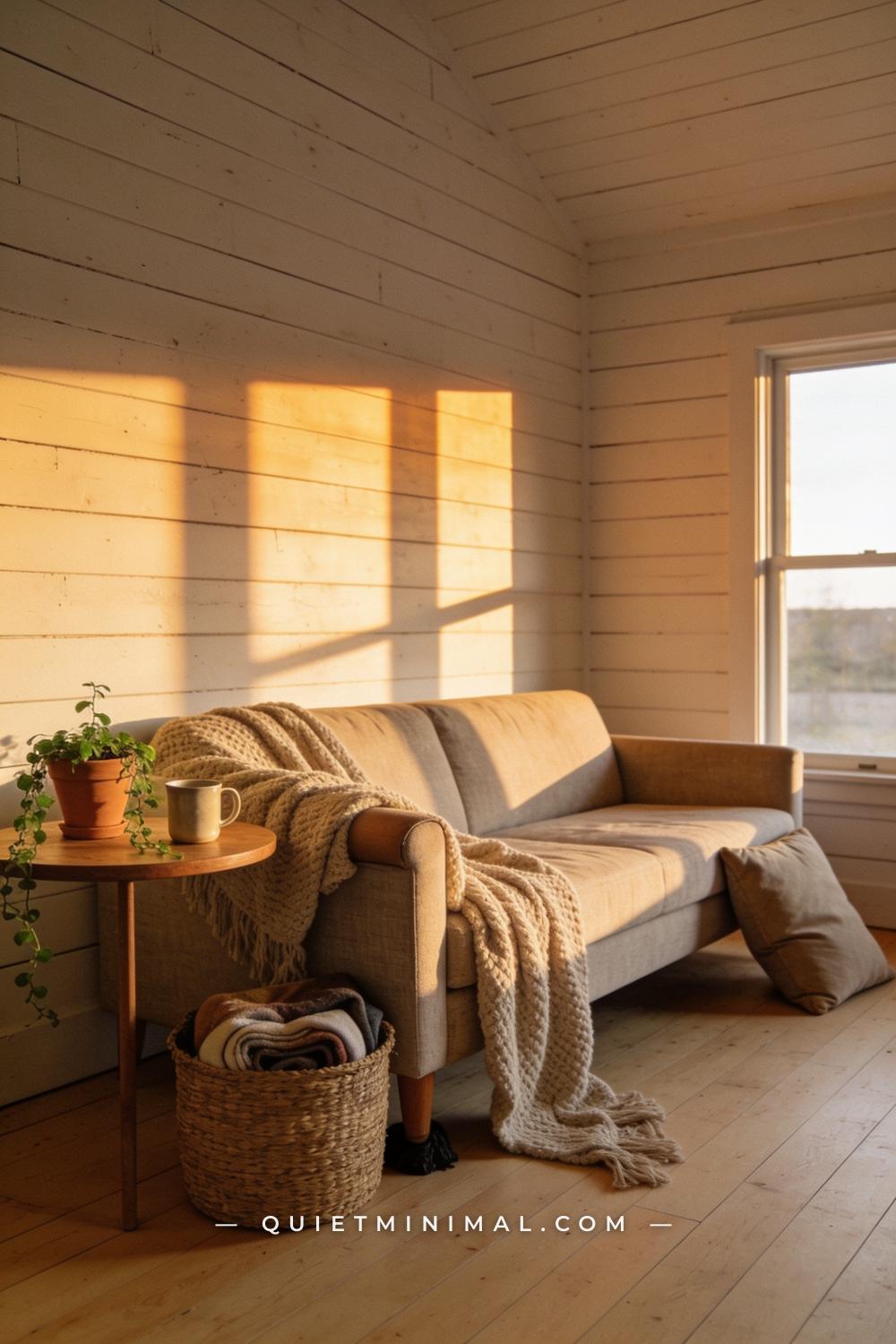 A wide establishing shot from the corner of a farmhouse living room