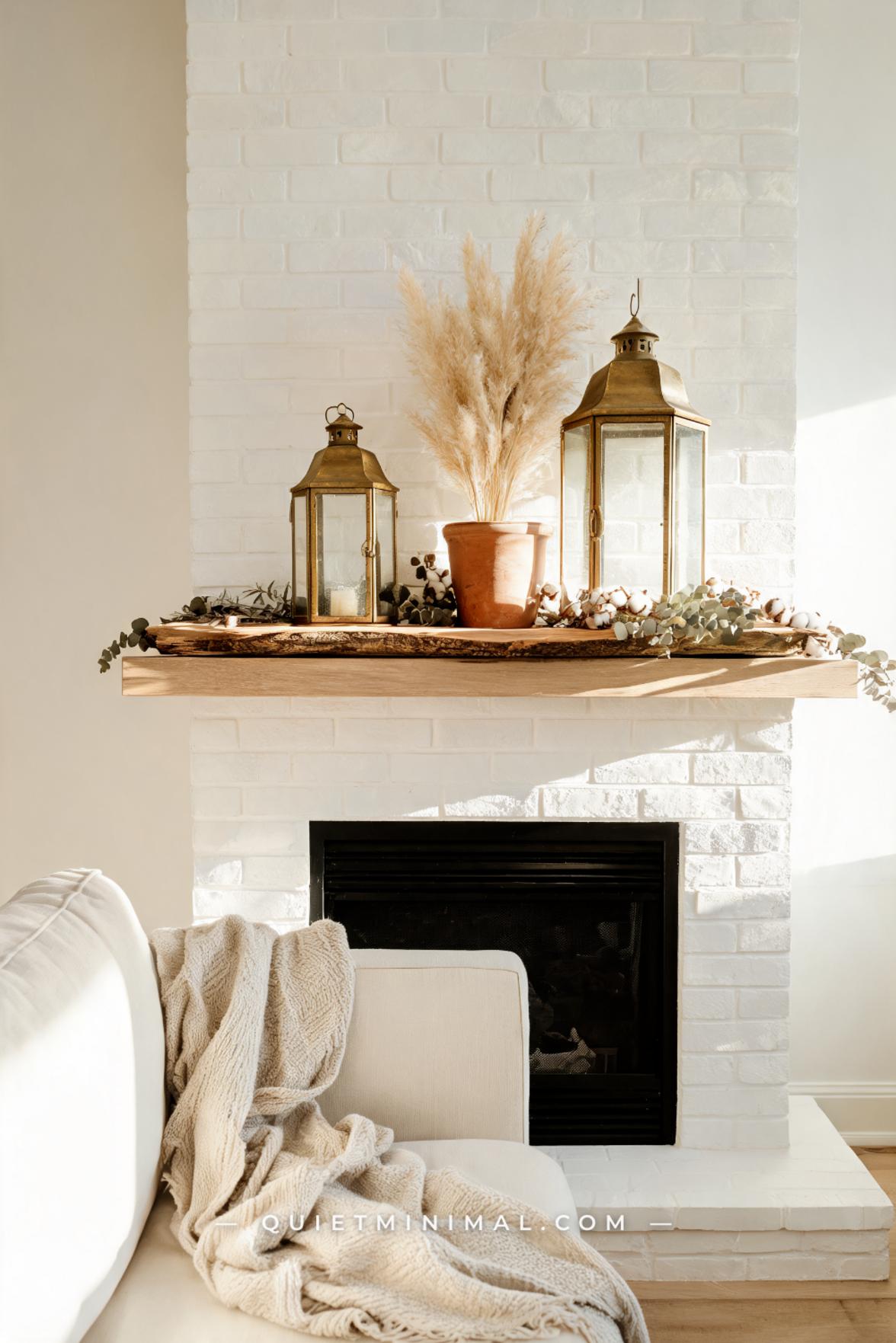 A vertical photograph captures a styled home interior vignette showing iron lanterns and dried botanical arrangements in