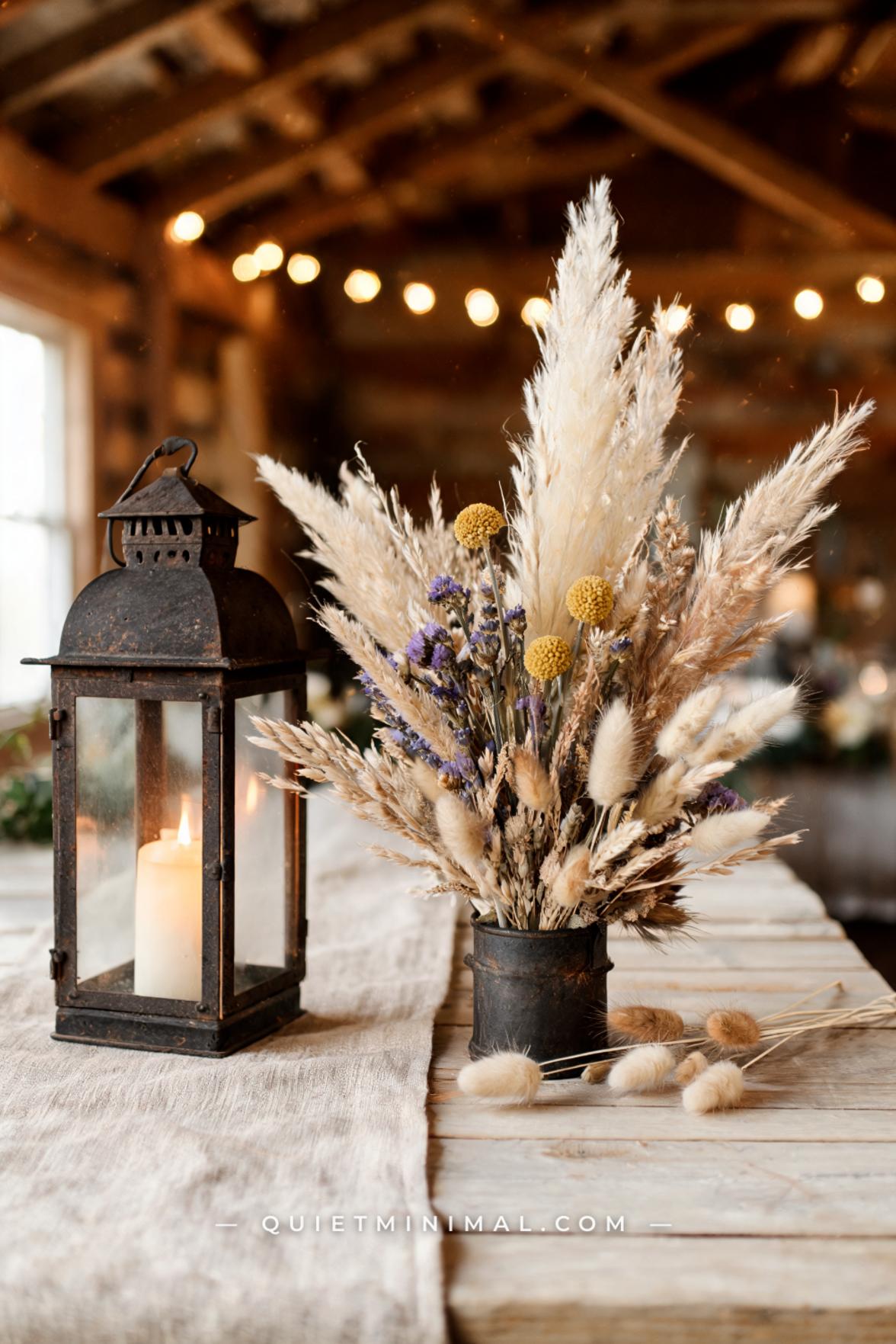 A vertical medium-wide photograph captures a rustic wedding centerpiece featuring a loose bundle of dried pampas grass
