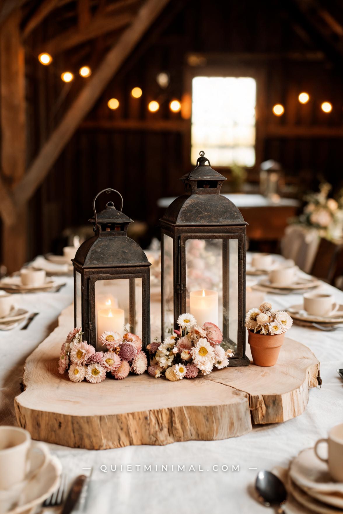 A wide vertical photograph captures a full rustic wedding guest table centerpiece from a slightly elevated angle