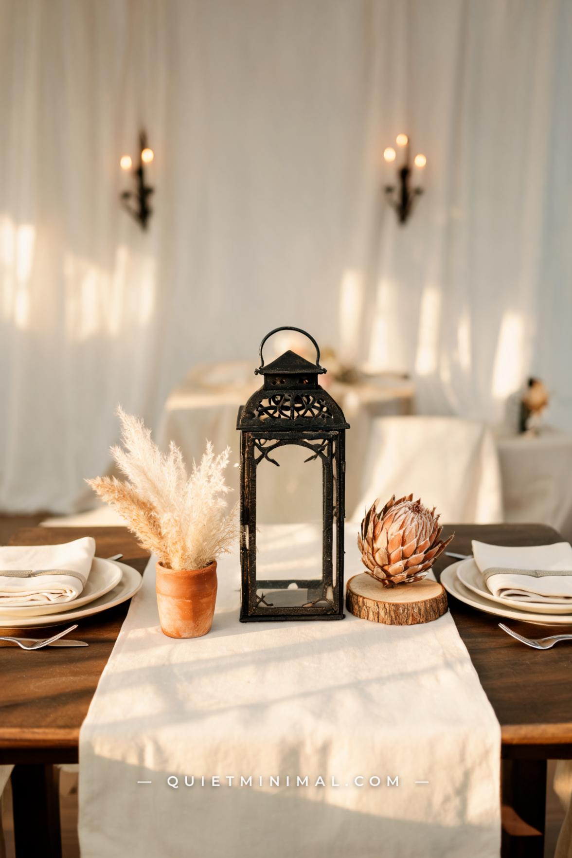 A wide vertical photograph captures a sweetheart wedding table for two with a single tall aged iron lantern positioned a