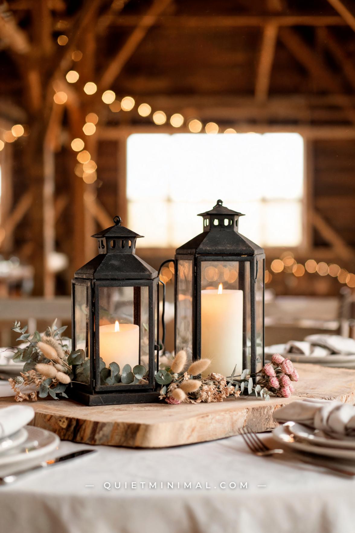 A medium-wide vertical photograph captures a pair of aged iron hexagonal lanterns on a reclaimed wood slab