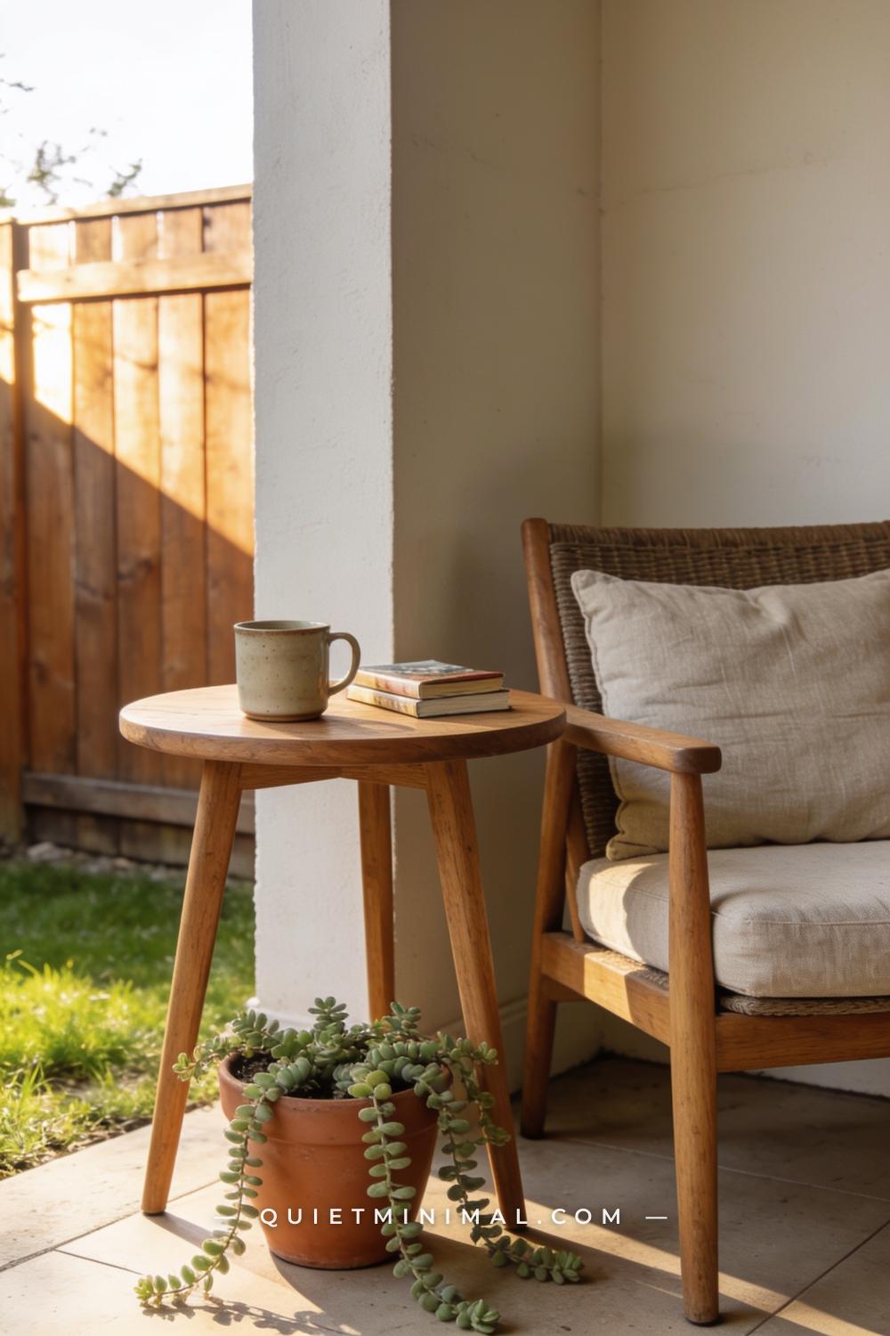 A vertical photograph captures a small uncovered patio corner with a round side table in natural teak finish positioned