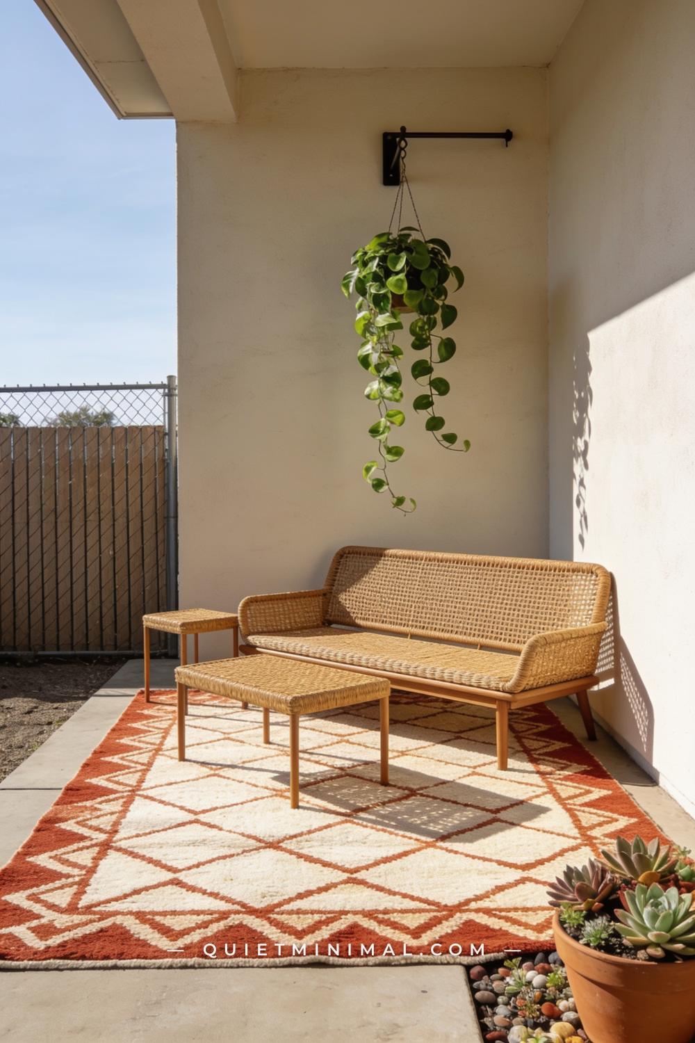 A vertical photograph captures a small uncovered patio with an oversized flatweave outdoor rug in warm ivory and terraco