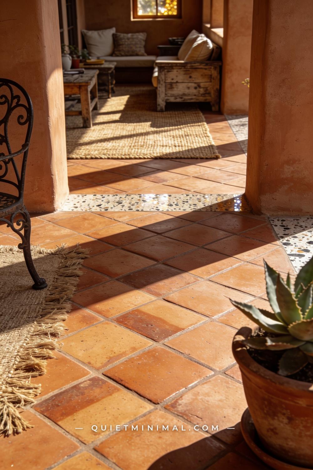 A vertical photograph of a Spanish Revival patio floor showing warm terracotta Saltillo tile laid in a diagonal pattern