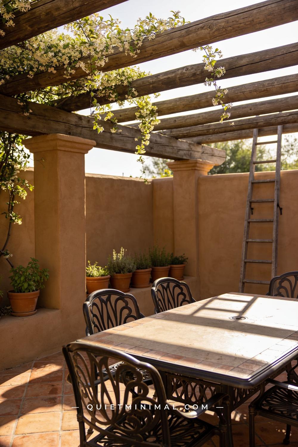 A wide establishing shot of a Spanish Revival patio covered by a pergola with thick rough-sawn timber beams overhead