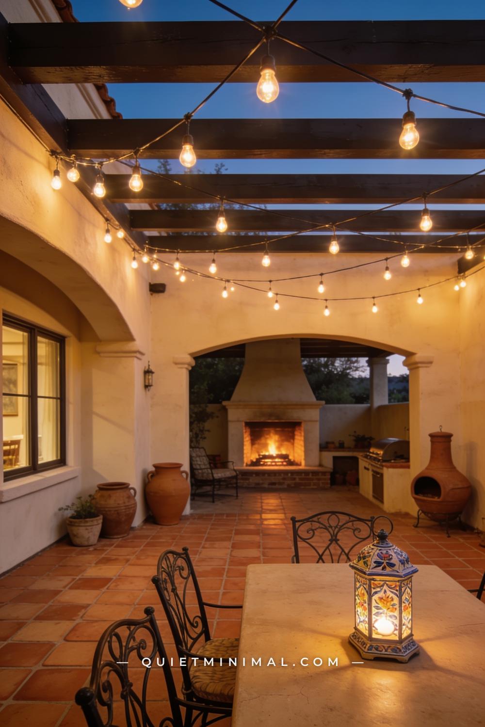 A wide photograph of a Spanish Revival patio at dusk with Edison bulb string lights draped in a loose canopy overhead be