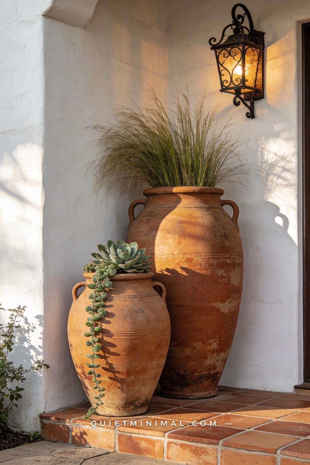 A wide vertical photograph of a Spanish Revival patio corner featuring two large terracotta olive jar urns of different