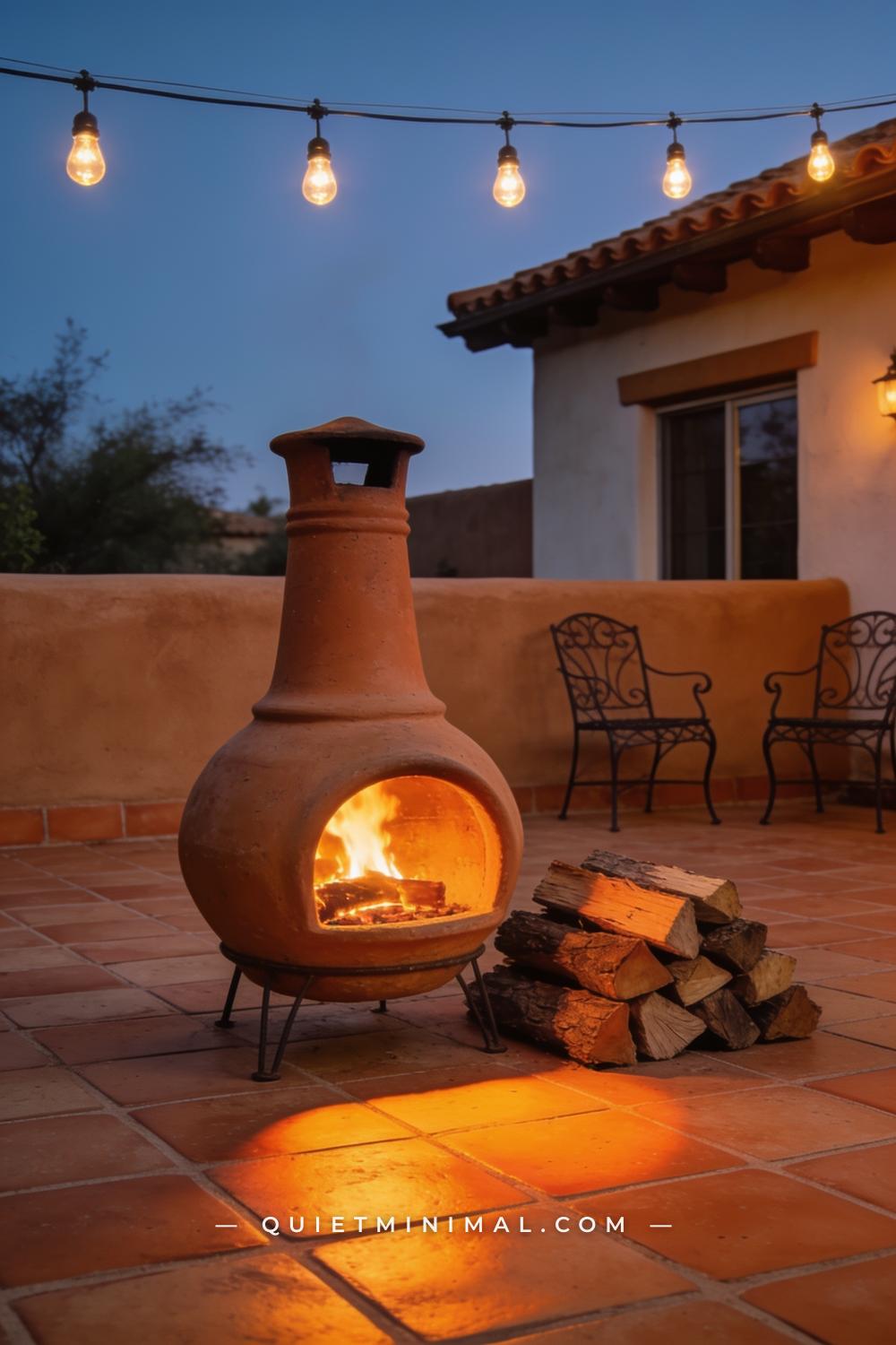 A vertical photograph of a clay chiminea standing on a Spanish Revival patio in early evening light