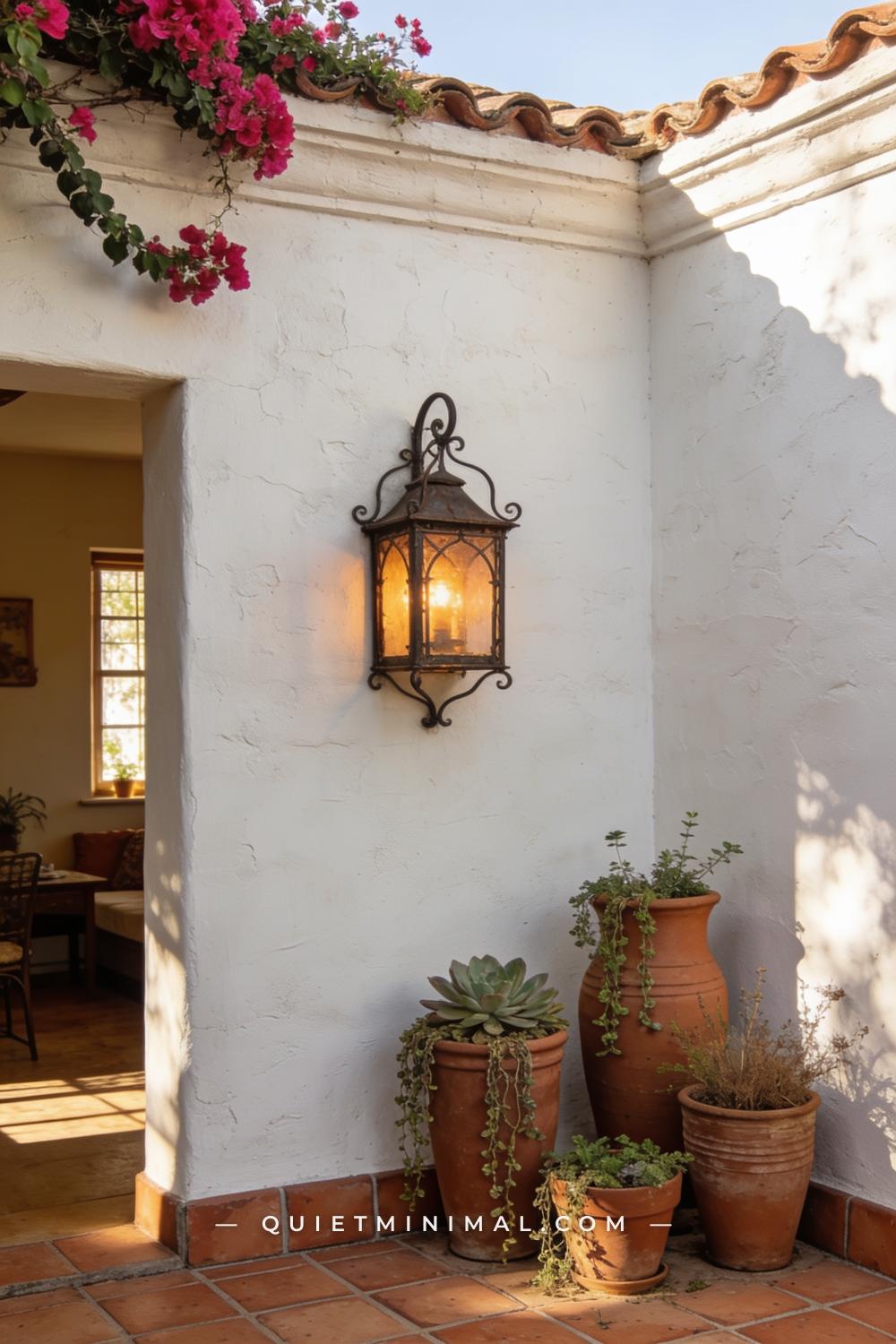 An establishing shot of a Spanish Revival patio perimeter wall finished in rough-textured white stucco