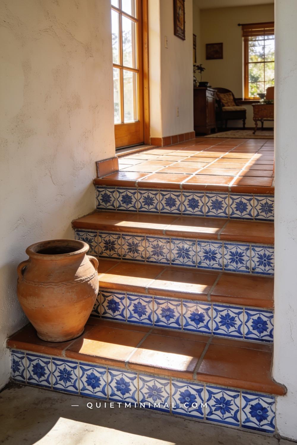 A medium-wide vertical photograph of Spanish Revival patio steps with hand-painted cobalt and white Talavera-style tile