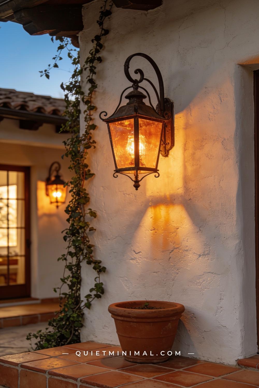 A vertical photograph of a Spanish Revival patio wall at dusk