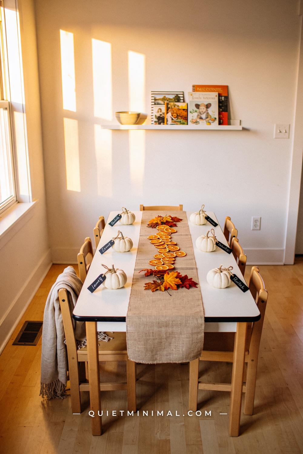 A wide establishing shot from across the dining room showing a long rectangular kids table set with small white mini pum