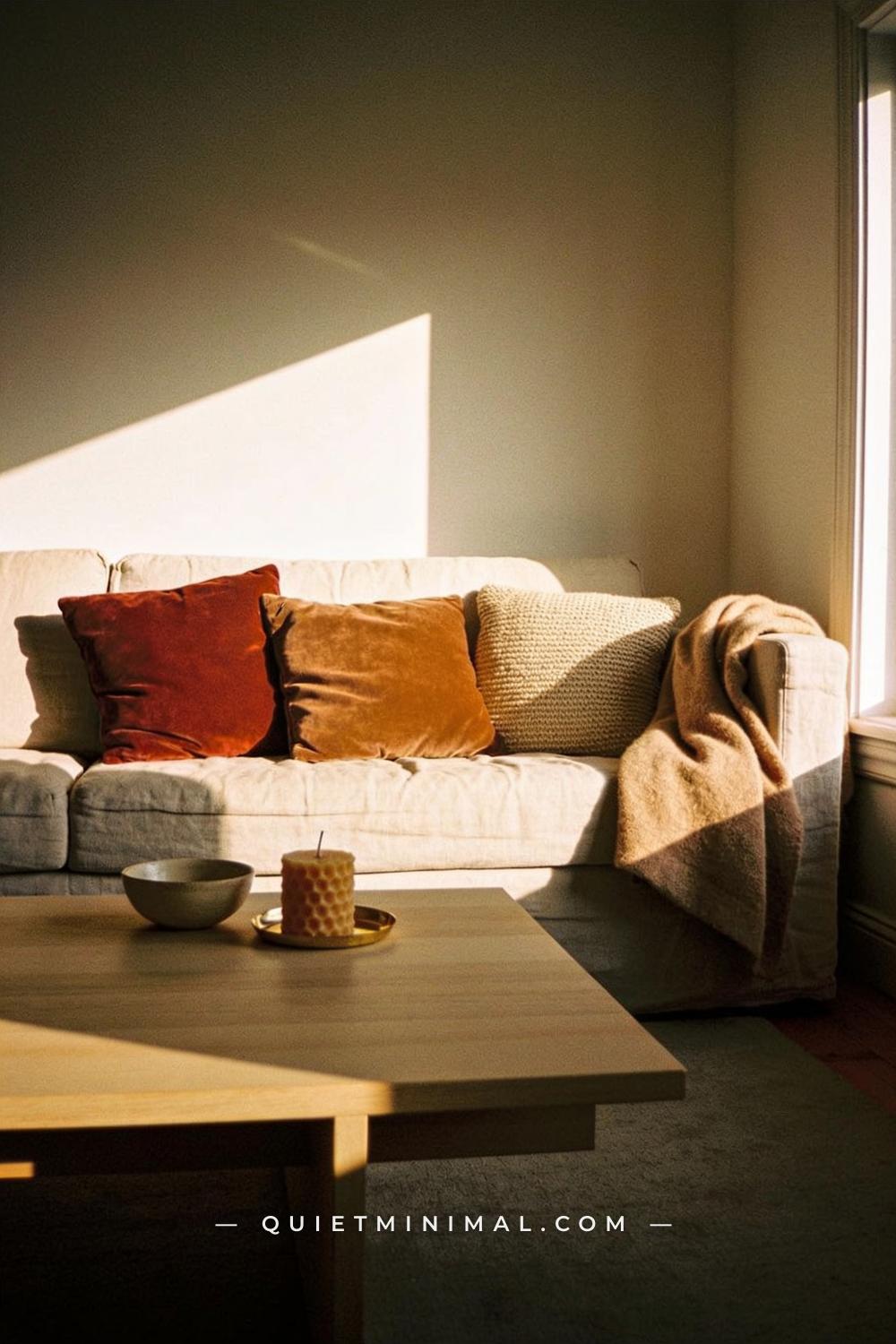 A wide establishing shot from across a living room taken from a seated eye-level vantage near the floor