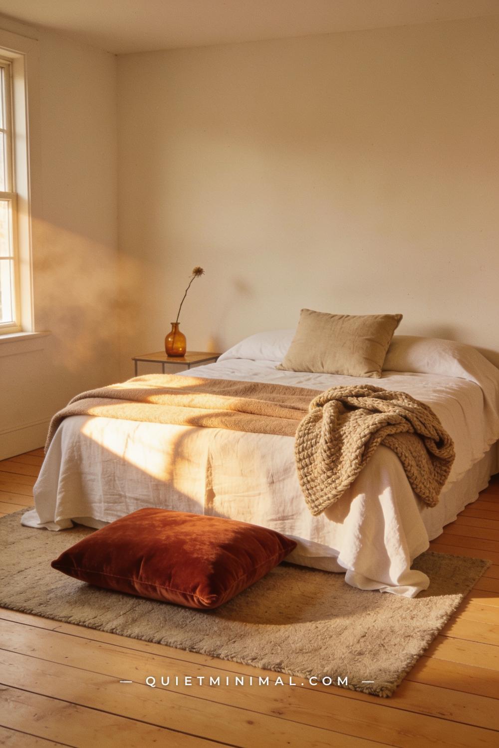 A wide establishing shot from across a bedroom taken from straight on