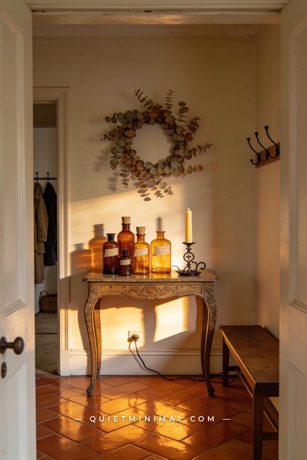 A wide establishing shot taken from across the room showing an antique-styled entryway console table viewed from the doo