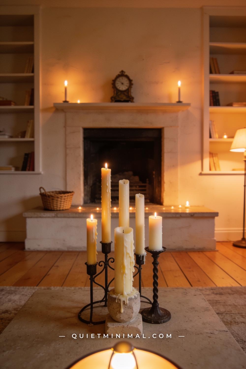 A wide establishing shot taken from across the room showing a living room hearth or fireplace area from the far side of