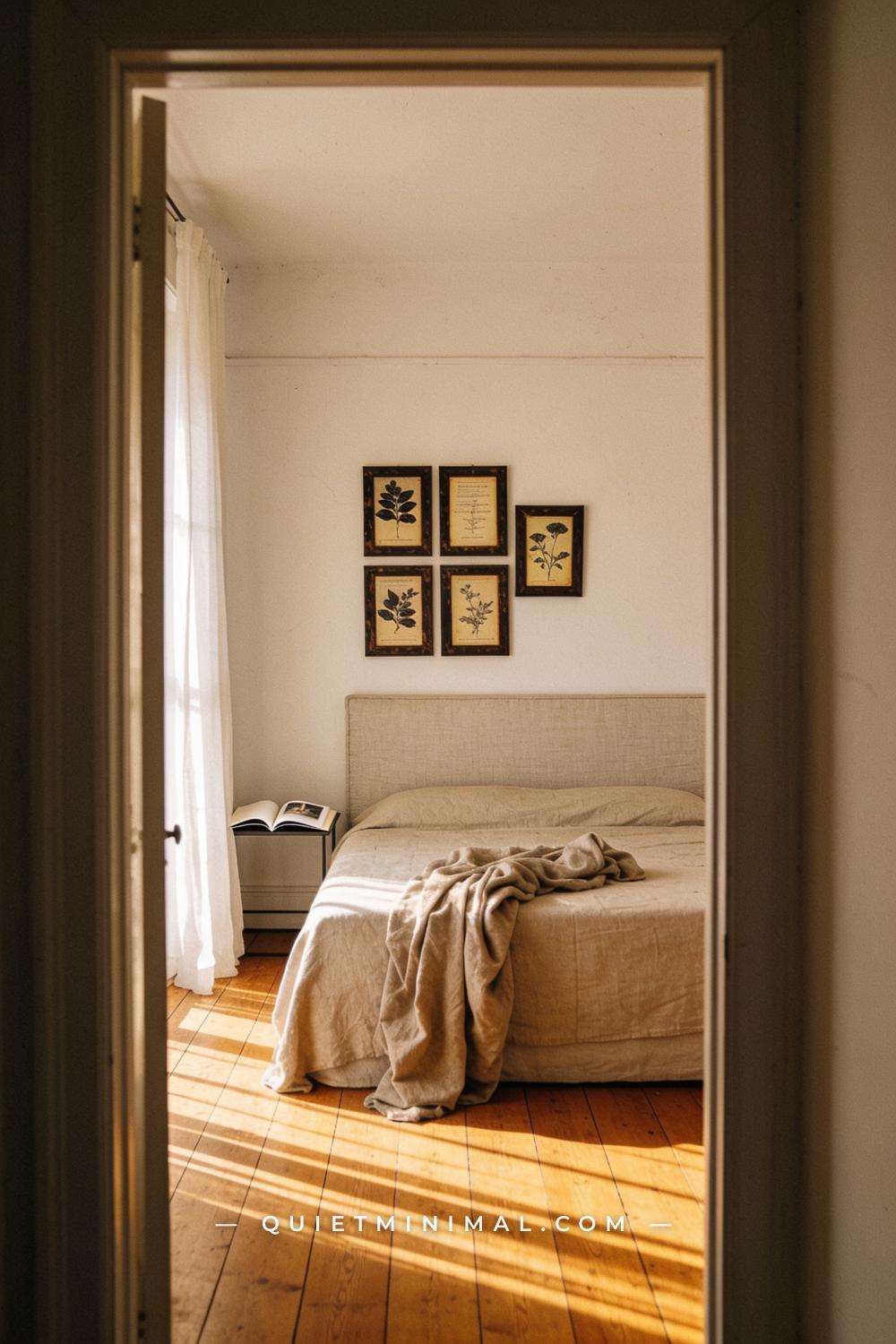 A wide establishing shot taken from the doorway showing a bedroom from a distance