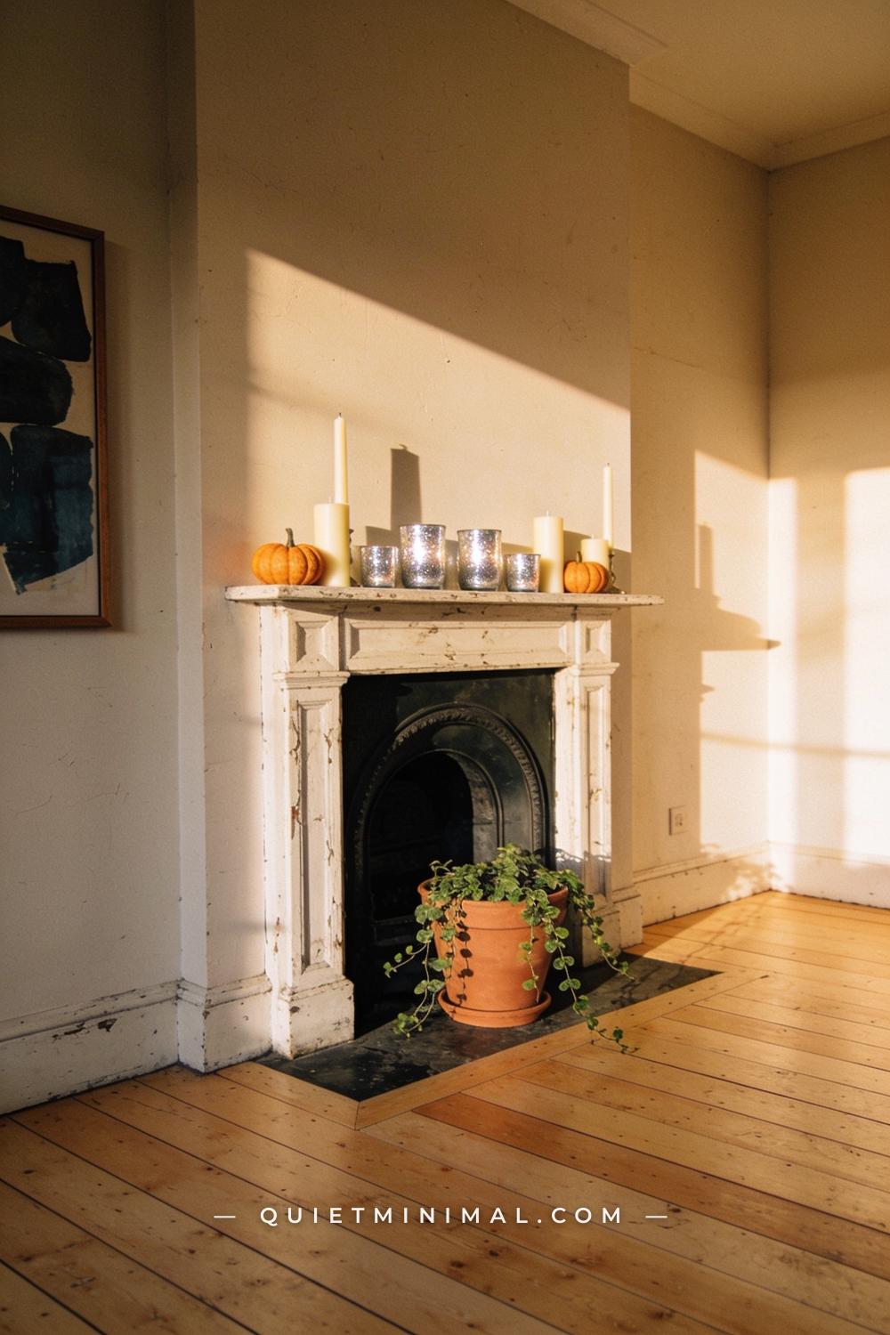 A wide establishing shot taken from across the room showing a living room mantelpiece from the far side of the room