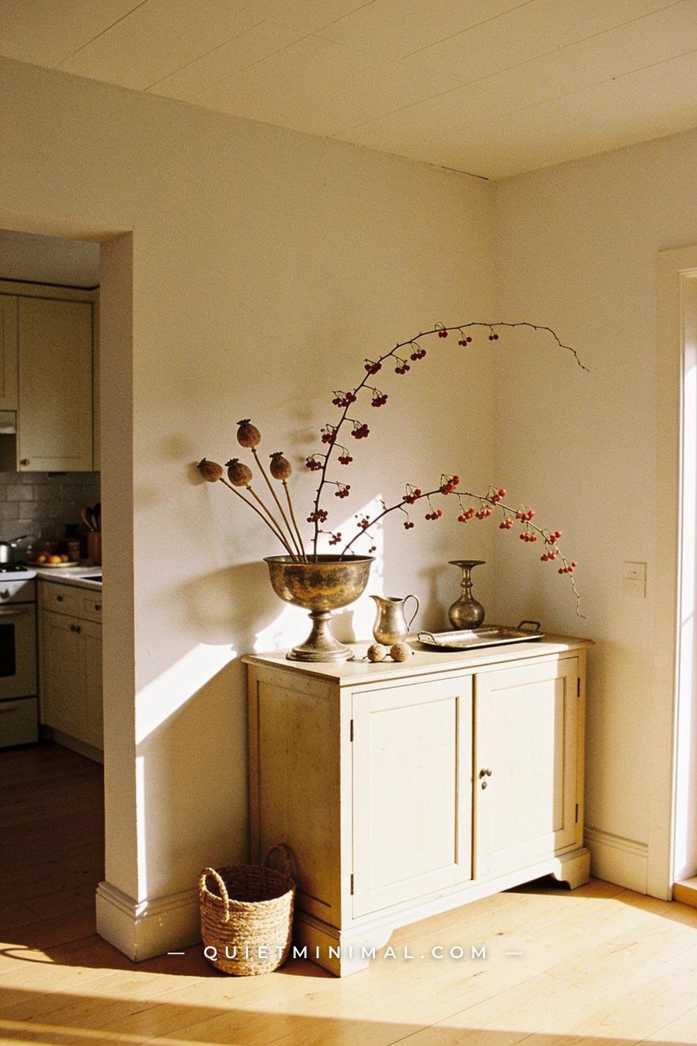 A wide establishing shot taken from across the room showing a kitchen or dining sideboard against a pale oatmeal wall vi