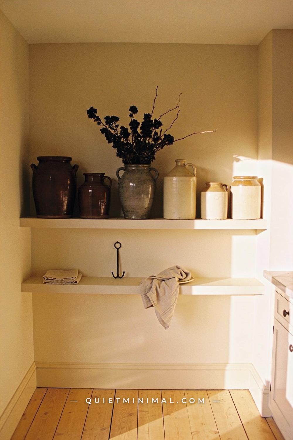 A wide establishing shot taken from across the room showing a kitchen or living room shelf against a pale warm wall