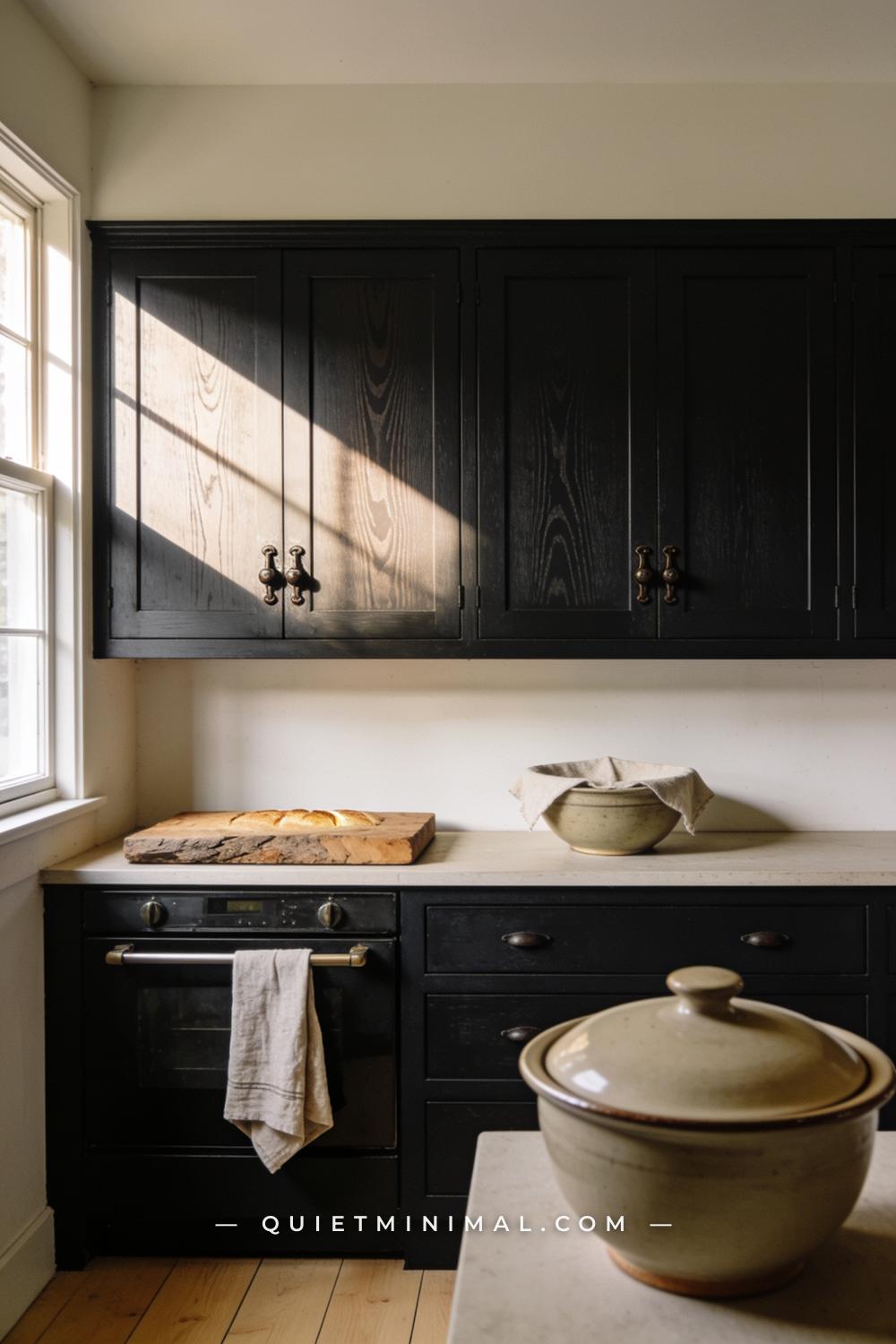 A medium-wide straight-on wall view of a kitchen cabinet bank painted in deep charcoal