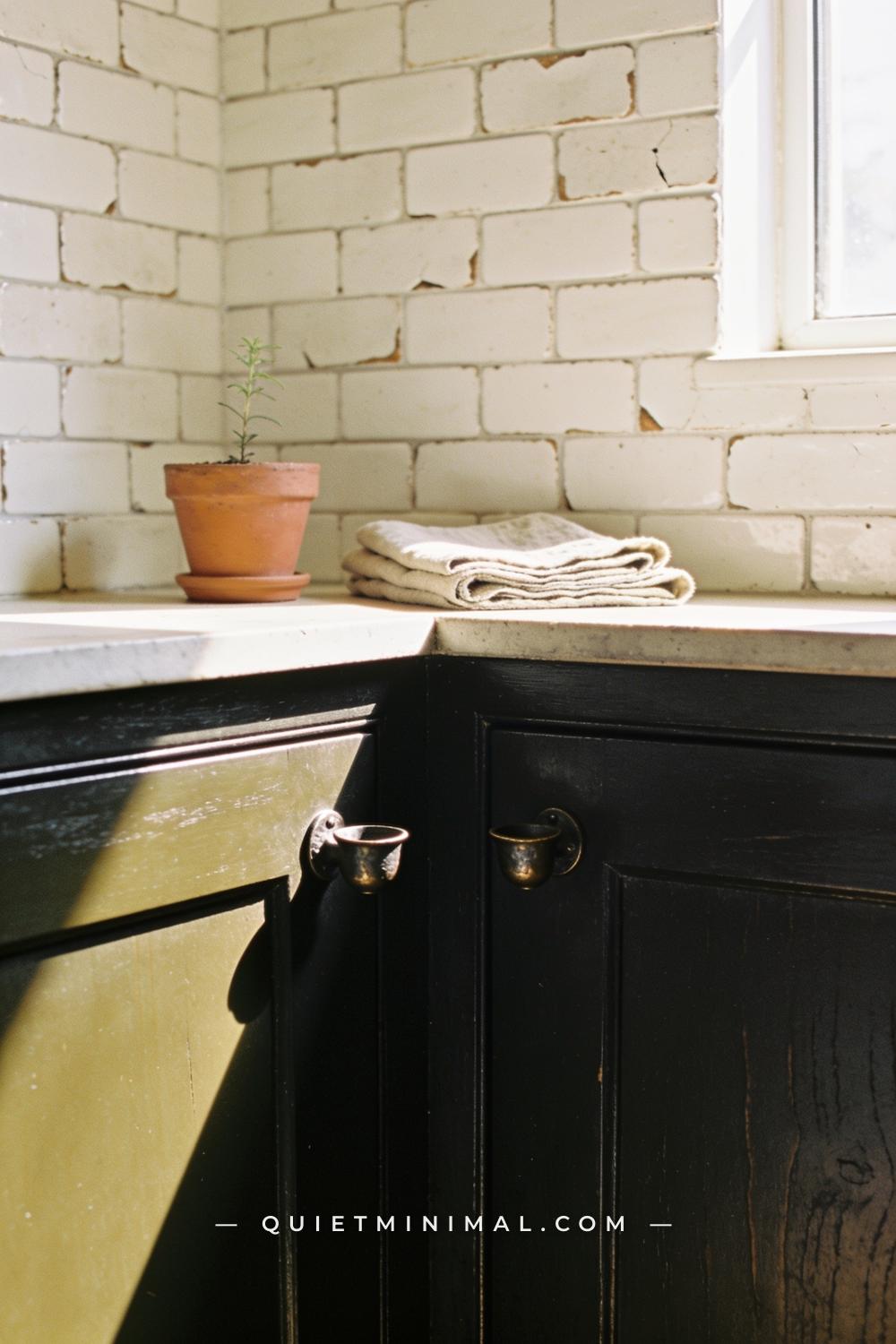 A corner view of a kitchen showing two cabinet doors meeting at an angle