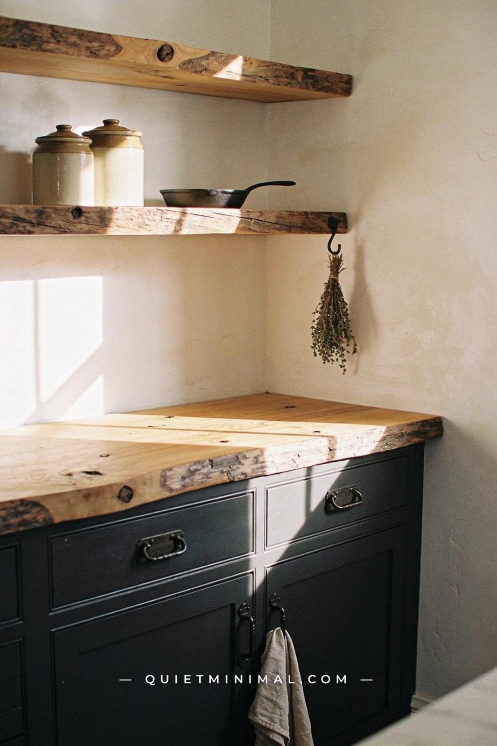 A wide corner view of a kitchen showing a run of lower cabinets with dark paint and iron bin pulls beneath a pair of ope
