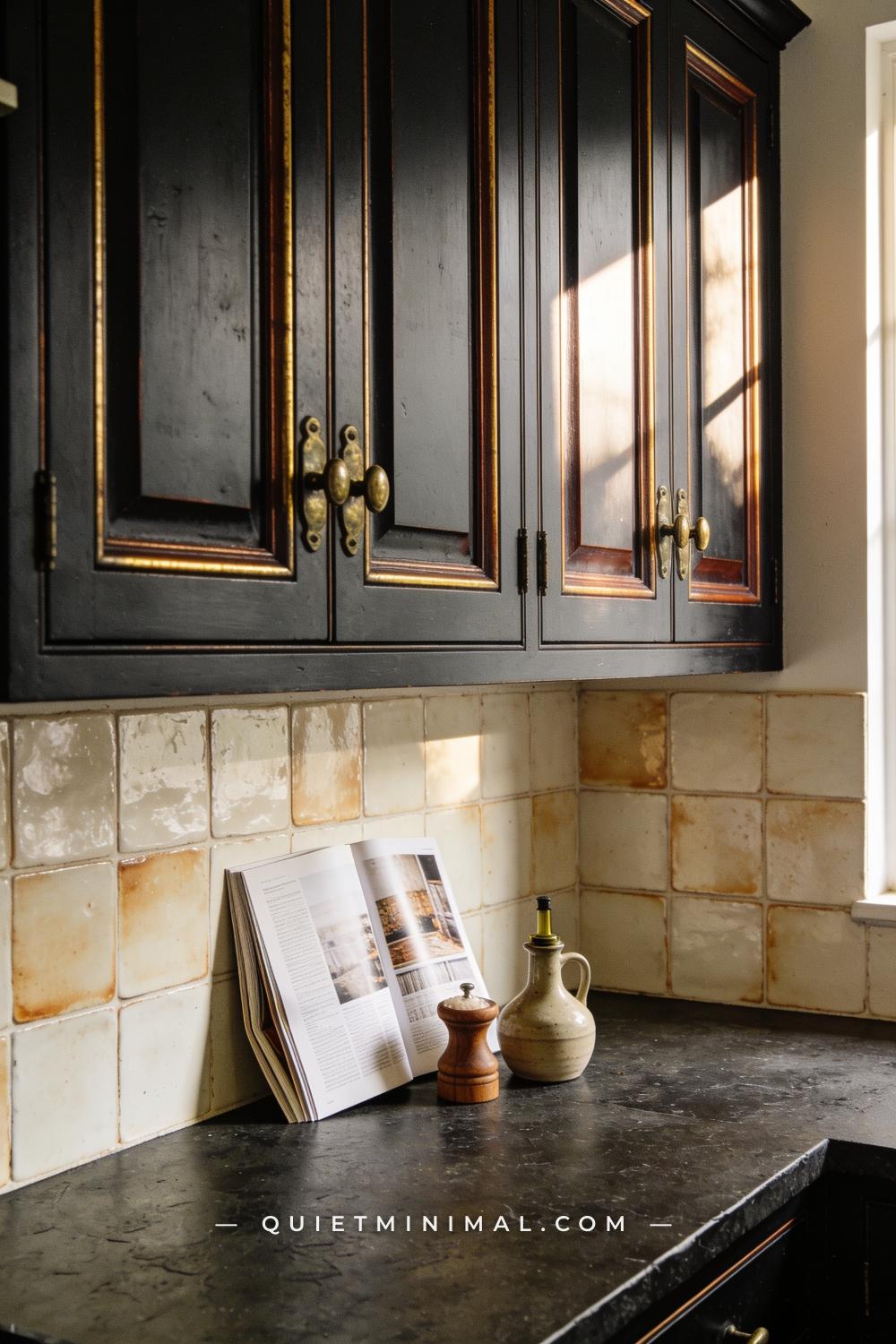 A straight-on wall view of a kitchen cabinet run painted in a deep warm black — closer to burnt umber-black than blue-bl