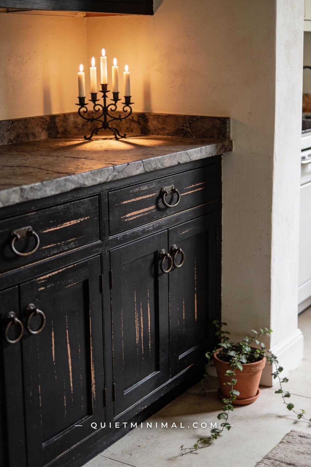 A medium-wide corner view of a kitchen island with dark painted cabinetry where horizontal brush strokes are faintly vis