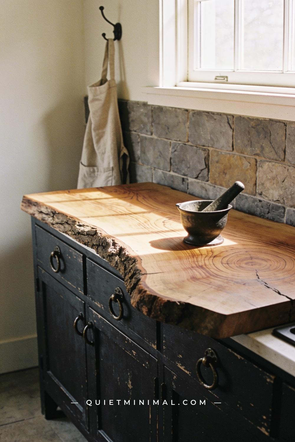 A medium-wide side-angle view of a kitchen prep counter — a thick slab of raw-edge walnut with natural bark detail on on