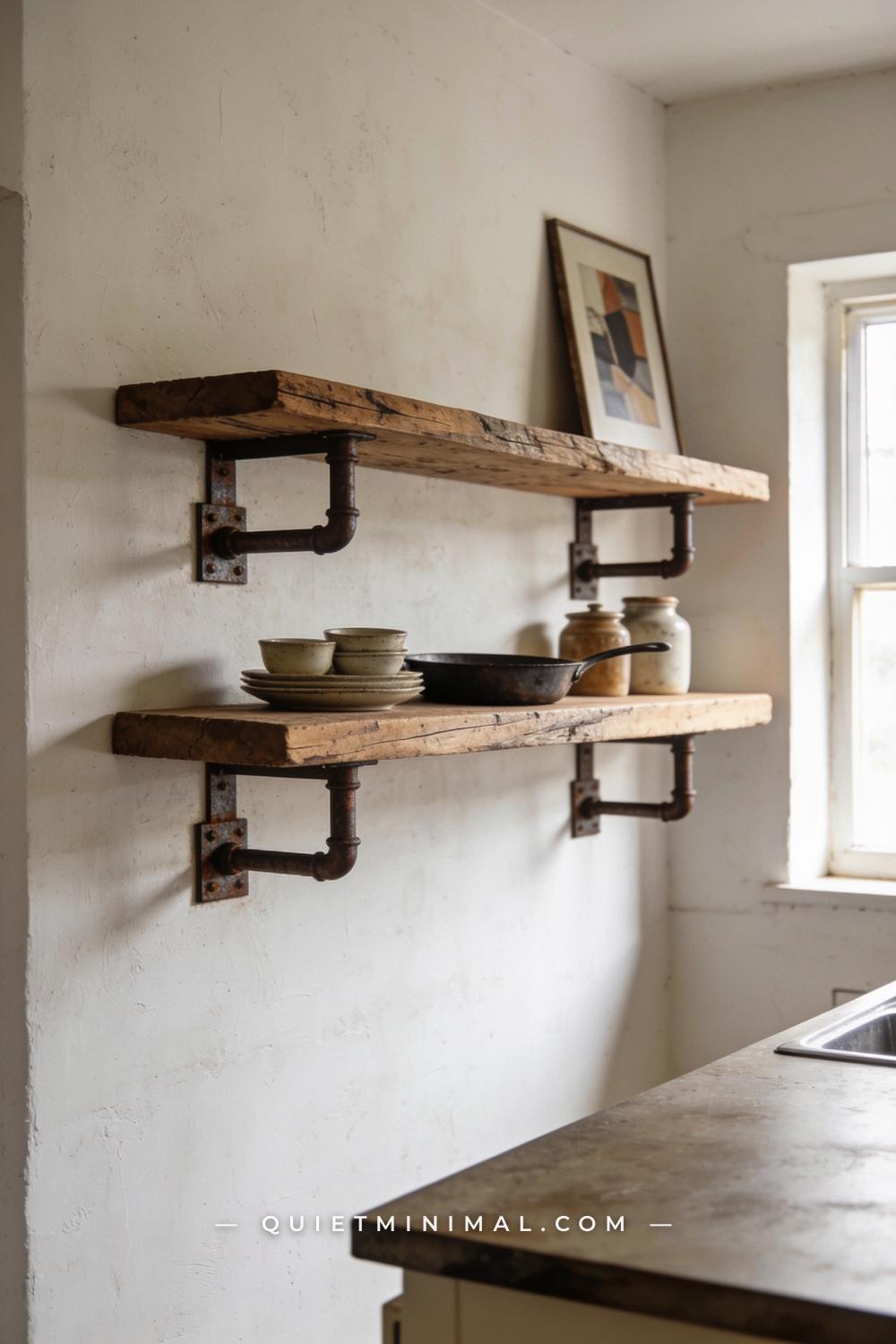 A wide establishing shot of a wabi-sabi kitchen wall adjacent to the island