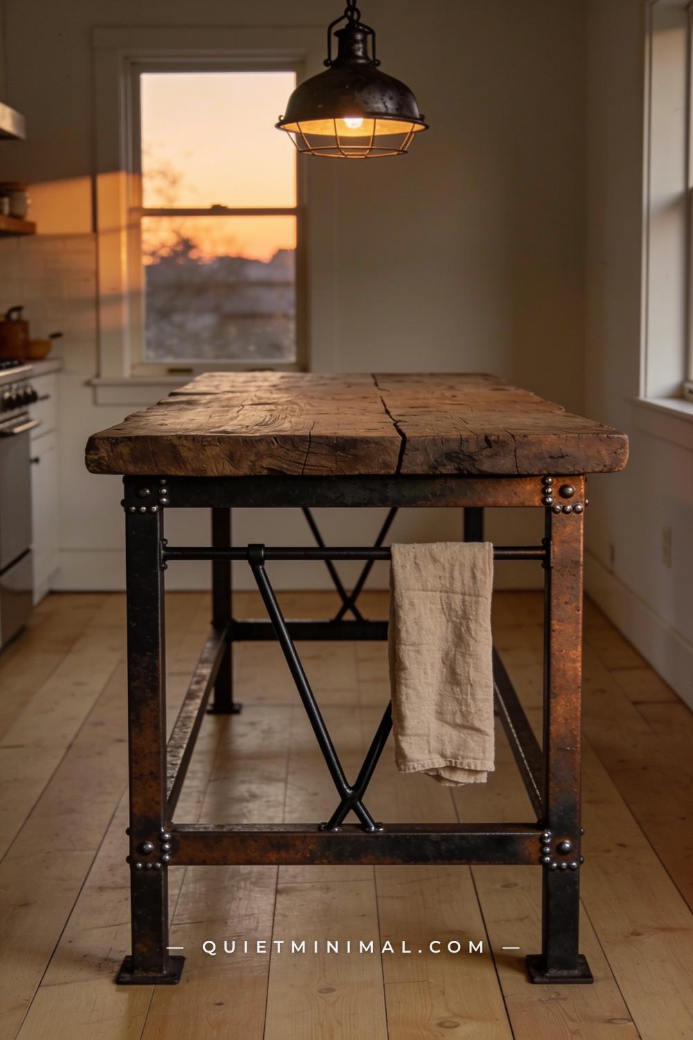A straight-on establishing shot of a wabi-sabi kitchen island showing the full iron frame base structure — flat bar and